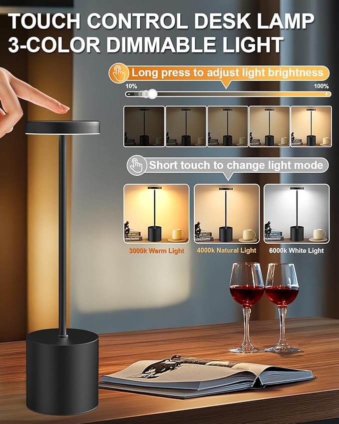 Cordless Table Lamp Set of 2, Rechargeable 5000mAh Battery Powered Outdoor Table Lamps, Portable LED Desk Lamp, 3 Color Dimmable Light for Restaurant, Patio, Bedroom, Bedside Night Lamp(Black) - Bloomnest