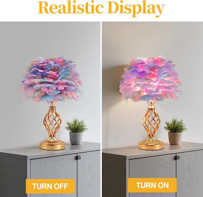 Colorful Feather Lamp Romantic Fluffy Bedside Lamp Creative Table Lamp Cute Goose Feather Nightstand Light for Girl Bedroom Living Room Hotel Office Entry Wedding - Bloomnest