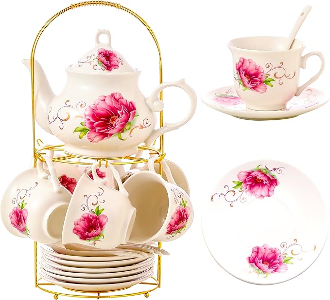 20-Pieces Tea Set For Adult with Golden Metal Rack,Porcelain Tea Sets For Women,Tea Gift Sets for Home&Party(015) - Bloomnest
