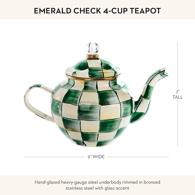 MACKENZIE-CHILDS Enamel Teapot, Cute Small Teapot with Lid, 4-Cup Capacity, Green-and-White Emerald Check - Bloomnest