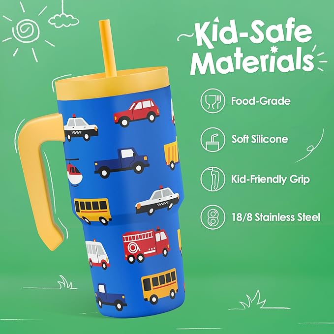 Transportation Tumbler 20oz with Handle and Silicone Straw Lid for Kid, Insulated Stainless Steel Cup, Gift for Kids Boys, Gifts Idea for Birthday Christmas Back to School - Bloomnest