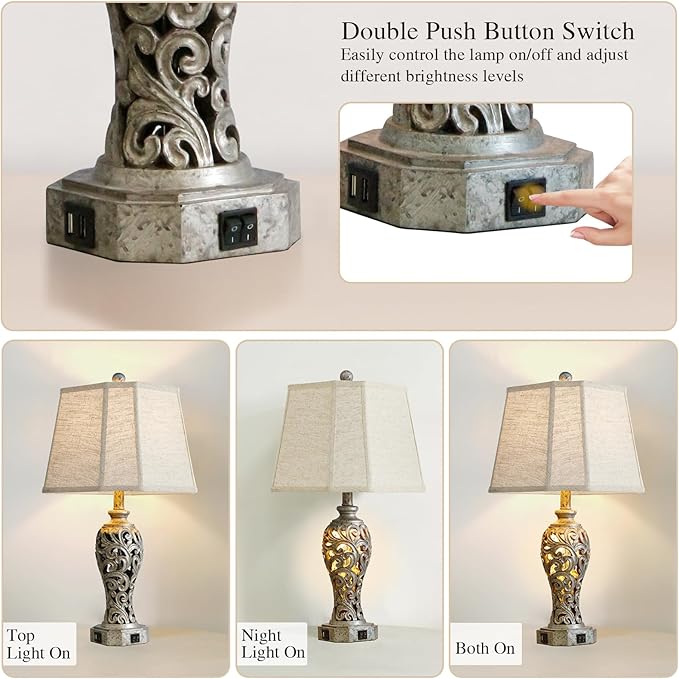 Vintage Table Lamps Set of 2 for Living Room Bedroom, 2 USB Ports 25'' Rustic Farmhouse Desk Lamp with Nightlight, Iron Gray Hollow Out Resin Lamp for End Table (Bulbs Included) - Bloomnest