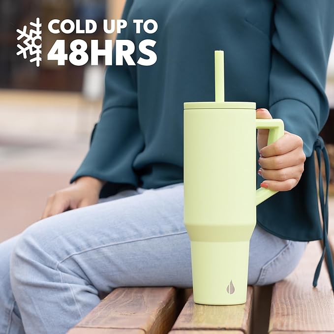 Elemental 40 oz Tumbler with Handle and Straw - Spill Proof Insulated Stainless Steel Commuter for Hot and Cold Beverages - Travel Coffee Mug with 2 Straws & Spill Proof Lid - 40oz - Key Lime - Bloomnest