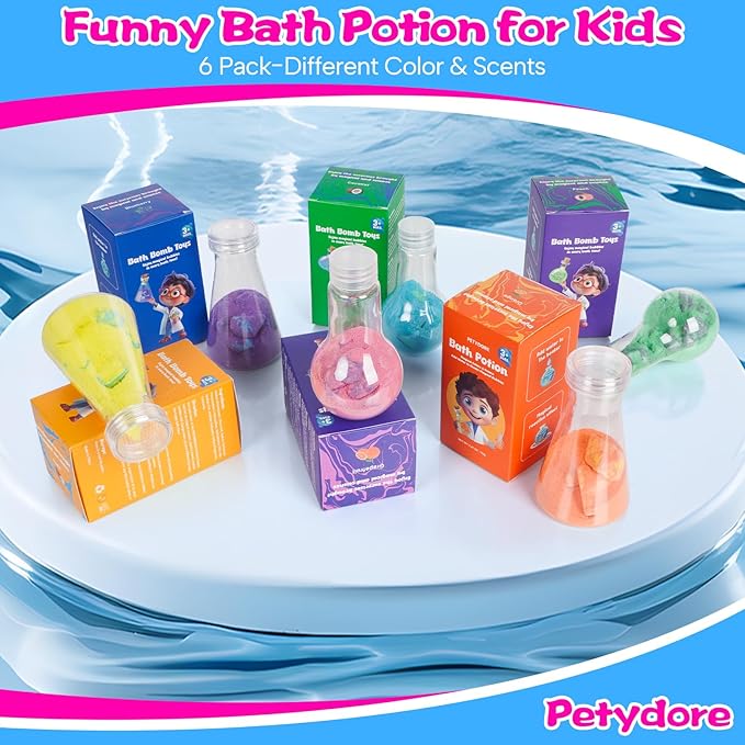 Bath Bomb Potion for Toddlers & Kids, 6-Pack Non-Toxic - Colorful Fizzy Fun - Interactive Bubble Bath Toy, Fun Science Bath Toys with a Colorful Foams & Bubbles Eruption - Bloomnest