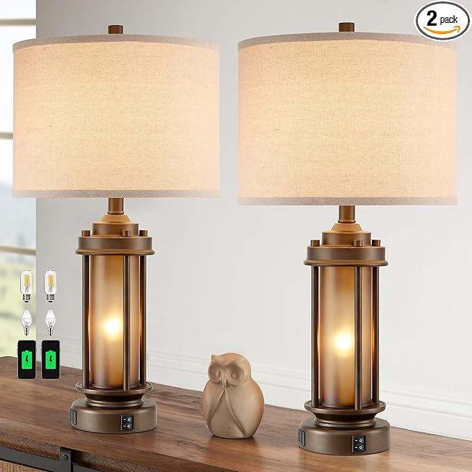 Set of 2 Farmhouse Table Lamps for Living Room, Rustic Vintage Bedside Lamps with 2 USB Ports, Bedroom Nightstand Lamp with Amber Glass Nightlight for End Table Entryway, 4 Bulbs Includes - Bloomnest