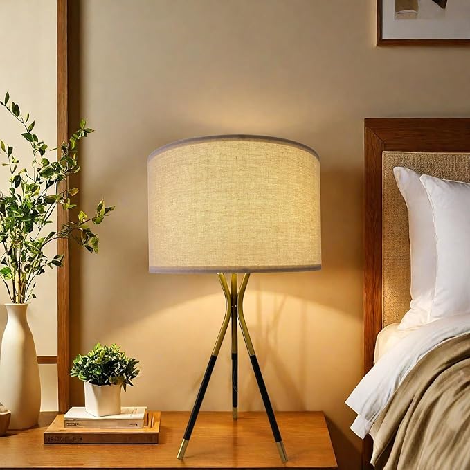 20.8" Modern Metal Tripod Table Lamp Set of 2, Nightstand Lamp with Beige Linen Lampshade, Side Table Lamp for Bedroom Living Room Coffee Table Home Office (Bulb Included) - Bloomnest
