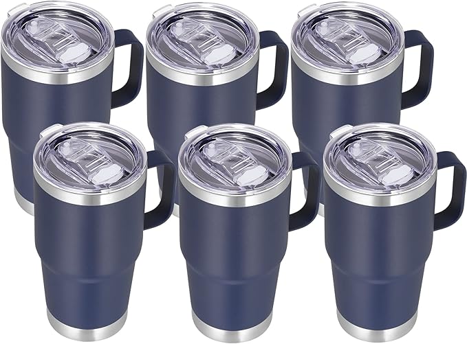VEGOND 20 oz Tumbler Bulk with Handle Lid and Straw, Stainless Steel Insulated Travel Coffee Mug Set, Spill Proof Double Wall Metal Tumblers Cups, Navy Blue 6 Pack - Bloomnest