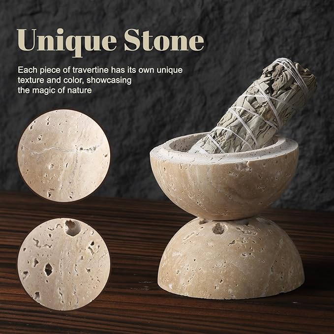 Koville Natural Travertine Stone Incense Burner, Incense Holder for Cone/Balsam Fir/Palo Santo/Sage, Handmade Sphere Incense Burner for Meditation Yoga SPA Relaxation, Home Decor,Beige Travertine