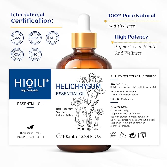 HIQILI Helichrysum Essential Oil for Skin Nourish, Undiluted & Natural, Relieve Fatigue in Body Massage, Reduce Fine Line and Wrinkle, Aromatherapy Diffuser, DIY Floral Scented Gift -100ML - Bloomnest