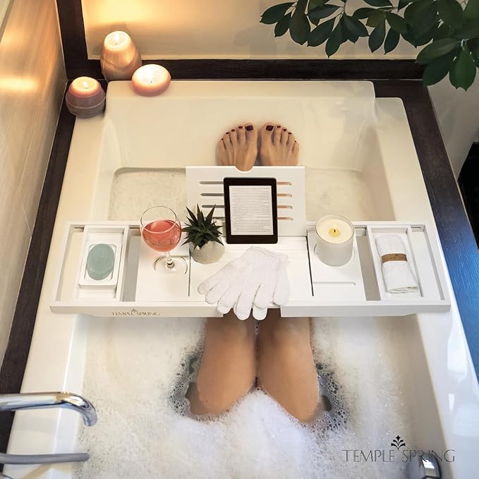 Temple Spring Wooden Bathtub Tray, Bamboo Bathroom Accessories, Bath Tray for Tub, at Home Spa Essentials, Board for Tub Table, Bath Caddy for Bathtub Accessories & Bathroom Essentials – White - Bloomnest