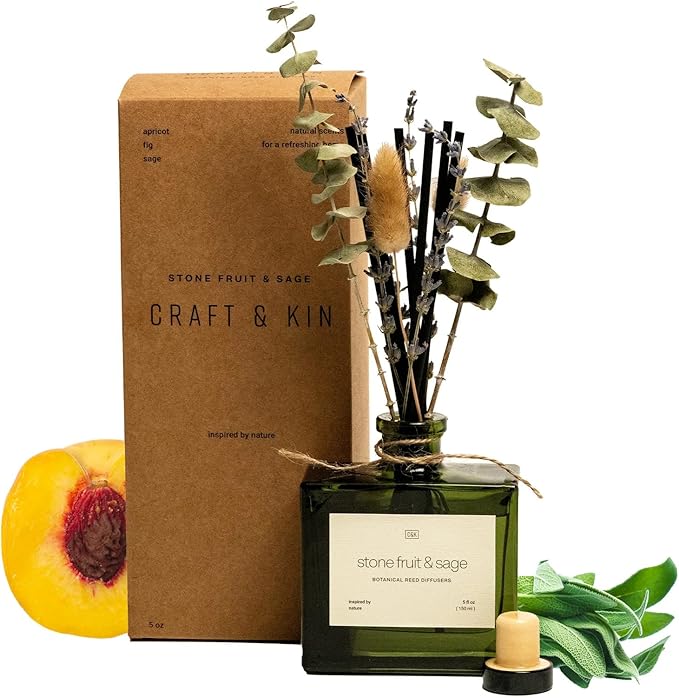 Craft & Kin Reed Diffuser with Dried Flowers | 5 oz Stone Fruit & Sage Scented Holiday Reed Diffusers for Home, Bathroom | Scent Sticks | Elegant Fragrance Home Decor for Men & Women CraftKin