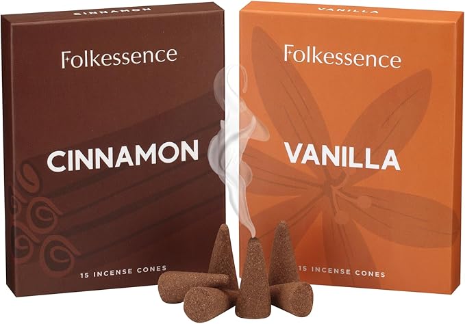 Folkulture Incense Cones (30 Cones) | Set of 2 Premium Insence Cones for Energy, Healing, Aromatherapy Gifts | No Charcoal, Organic, Non Toxic Vanilla & Cinnamon Scented Inscents-Cones FOLKULTURE