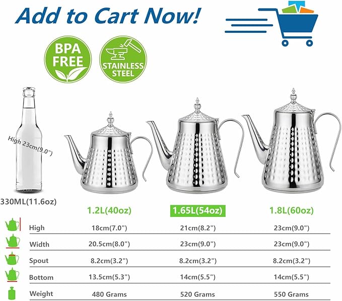 SANQIAHOME 1.6L(54oz) Stainless Steel Hammer Patterned Teapot With Removeable Infuser,Loose leaf cover,Silver - Bloomnest
