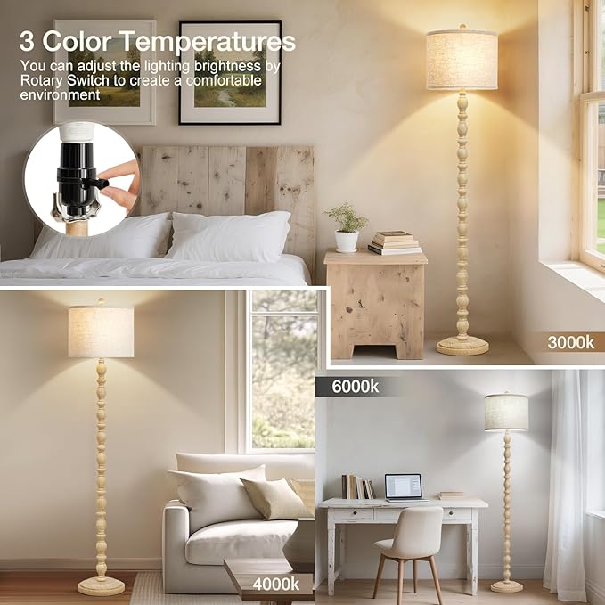 Luvkczc 62" Floor Lamps for Living Room,3 Color Temperature Standing Lamp, Vintage Farmhouse Floor Lamp with Rotary Switch, Rustic Resin Tall Lamps for Living Room, Bedroom, Office, Corner (Cream) - Bloomnest