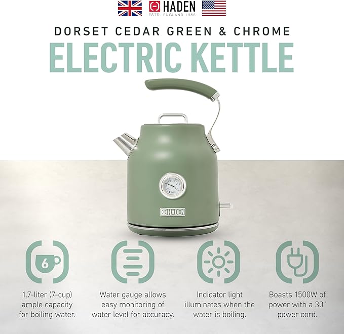 Haden Dorset 1.7 Liter Stainless Steel Electric Kettle, Hot Water Kettle with 360-Degree Base and Auto Shutoff, Cedar Green & Chrome - Bloomnest