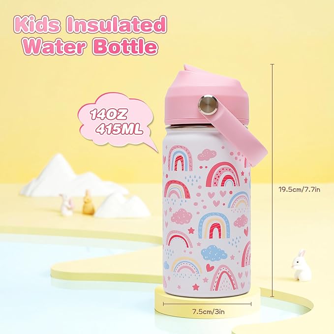 14oz Kids Insulated Water Bottle with Straw Lid - 18/8 Stainless Steel Kid Cup Travel Tumbler Double Wall Vacuum Leak Proof Portable Toddler Water Bottle (Rainbow + Mermaid) - Bloomnest