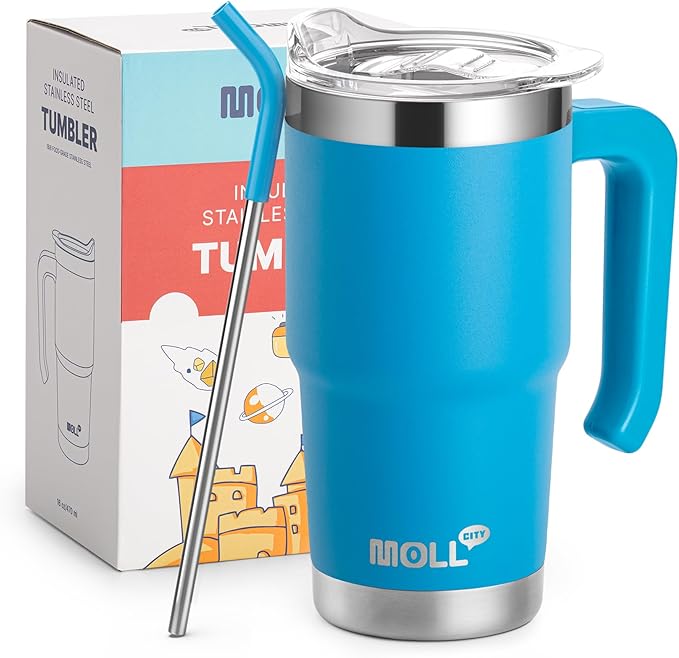 16 oz Tumbler with Straw Stainless Steel Double Wall Vacuum Insulated Coffee Cup with Lid and Handle-Reusable Travel Mug for Women, Girls(Sky Blue) - Bloomnest