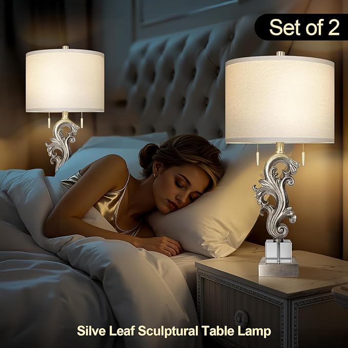Scenekoy Table Lamp Set of 2 with USB Ports, Pull Chains Switch, 27” Silver Leaf Sculptural Bedside Lamps with Linen Shade for Living Room Bedroom, Nightstand Lamps for Home Room Decor - Bloomnest