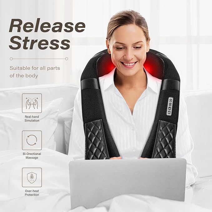 Shiatsu Electric Neck Back Massager Pillow 3D Kneading with Heat for Shoulder, Lower Back, Foot, Leg Muscles Pain Relief Relax in Car Office and Home (Black)