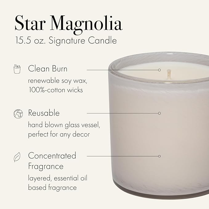 LAFCO New York Signature Candle, Star Magnolia - 15.5 oz - 90-Hour Burn Time - Reusable, Hand Blown Glass Vessel - Made in The USA - Bloomnest