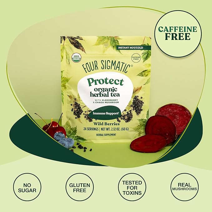 Four Sigmatic Protect Organic Herbal Tea | Immunity Tea w/Chaga & Adaptogens | Organic Chaga Tea w/Antioxidant-Rich Cherry, Elderberry & Blueberry | Vegan, Gluten-Free | Wild Berries, 24 Servings - Bloomnest