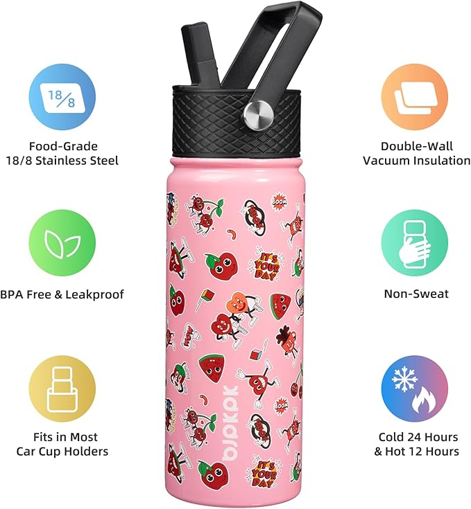 BJPKPK Insulated Water Bottle with Straw Lid, 18 oz Stainless Steel Metal Water Bottles, Reusable Leak Proof BPA Free Water Bottles, Cups, Thermo, Passionate-Pink - Bloomnest