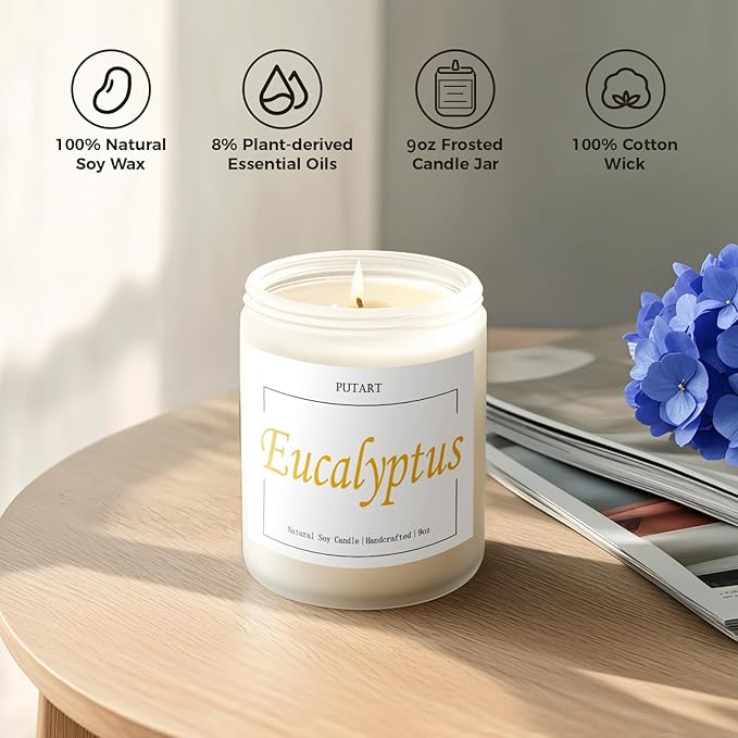 Eucalyptus Mint Highly Scented Candles, Natural Soy Aromatherapy Organic Non Toxic Candles with Long Lasting Burn, Luxury Essential Fragrance Jar Candle Gift for Birthday, Housewarming (9oz) - Bloomnest