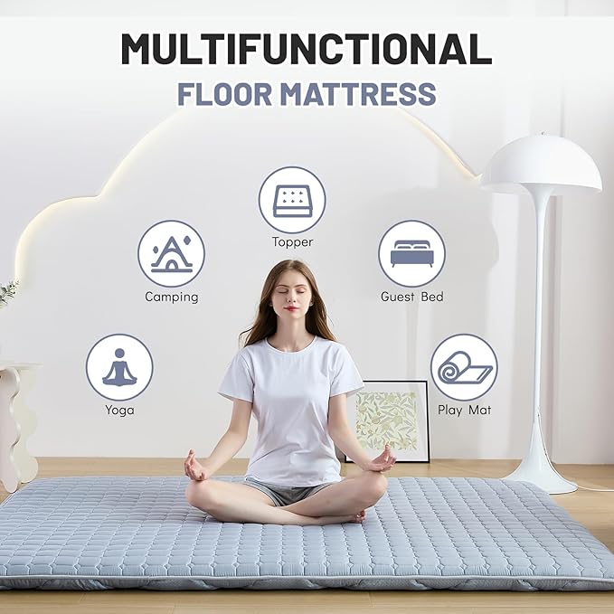 Japanese Floor Mattress Full, Anti-Slip Japanese Futon Foldable Tatami Mat for Guests, Grey - Bloomnest