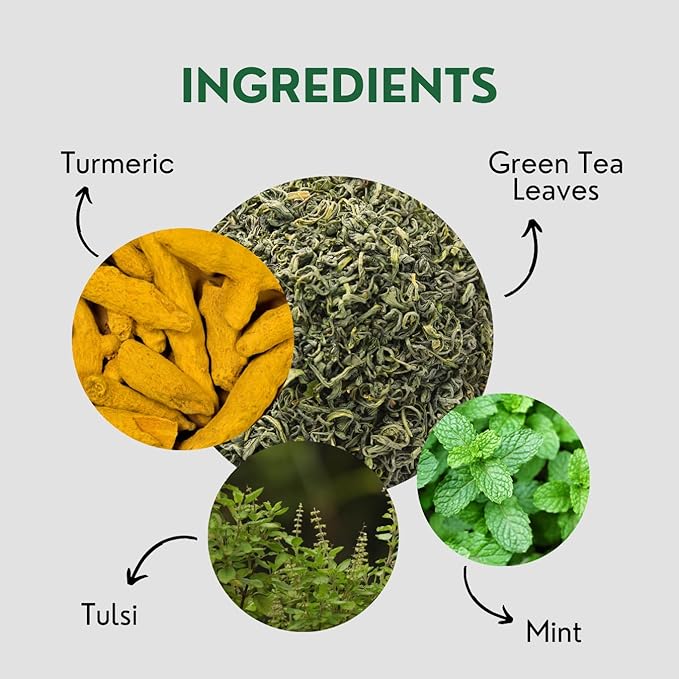 Tealeaf & Co. Turmeric Tulsi Holy Basil Green Tea Loose Leaf - Turmeric, Tulsi & Peppermint Tea Blended with Fresh Herbs & Spices - 50 Servings, Low Caffeine & Gluten Free (3.52oz/100gm) - Bloomnest