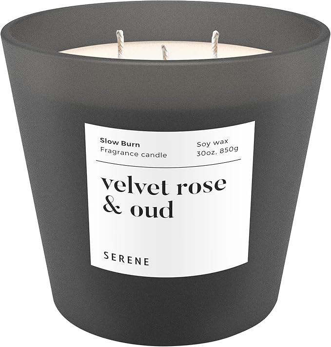 Hidden Label Large Scented Candle, Velvet Rose & Oud, 30oz 3 Wick Huge Candle, Serene Collection Slow Burn Natural Soy Candles for Home Scented - Bloomnest