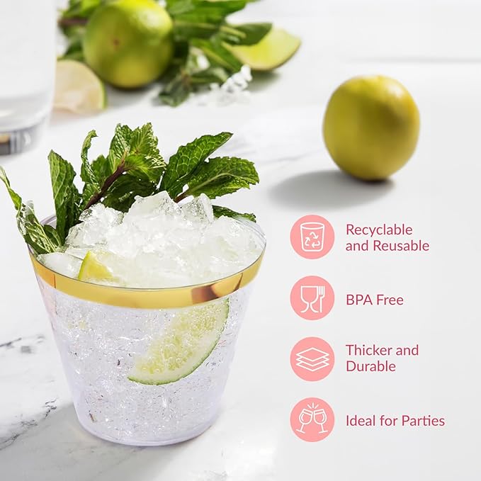 Prestee 100-Pack 9oz Gold Rimmed Plastic Cups Disposable Wine Glasses for Charcuterie, Weddings, Parties, and Events - Elegant Cocktail and Drinking Cups for Champagne, Martini, and Mocktails - Bloomnest