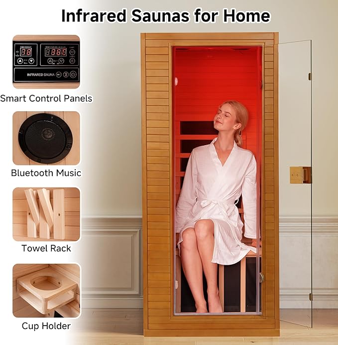 springspa Infrared Sauna for Home, 1 Person Home Sauna with Red Light Therapy, Canadian Hemlock Wooden Dry Saunas Room with Bluetooth Speakers, 1178 W/120V, 15 Minutes Pre-Warm up springspa
