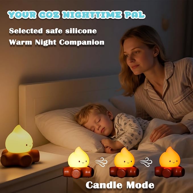 Campfire Night Light, Cute Bonfire Gifts, Silicone Night Light with Candle Mode, 5 White Noise Mode, Rechargeable Bedroom Decor, Gift for Children, Teens, Adults, Halloween, Christmas & Birthdays - Bloomnest