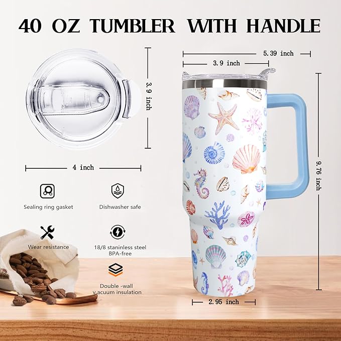 Ceovfoi 40 Oz Rainbow Seashells Tumbler with Handle Lid and Straw,Watercolor Ocean Cup,Water Bottle,Travel Coffee Mug,Hawaiian Rainbow Seashells Decor,Accessorie - Bloomnest