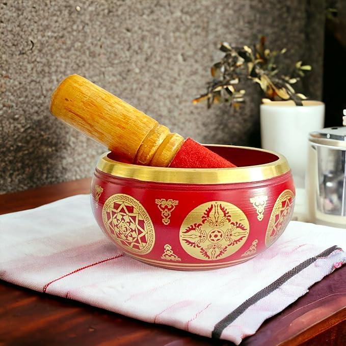 Nature's Own Tibetan Singing Bowl Set- Easy to Play- Meditation Sound Bowl Handcrafted in Nepal for Yoga, Mindfulness, Chakra Healing, Stress Relief- Spiritual Gifts for Women and Men (3.5 Inch, Red) - Bloomnest