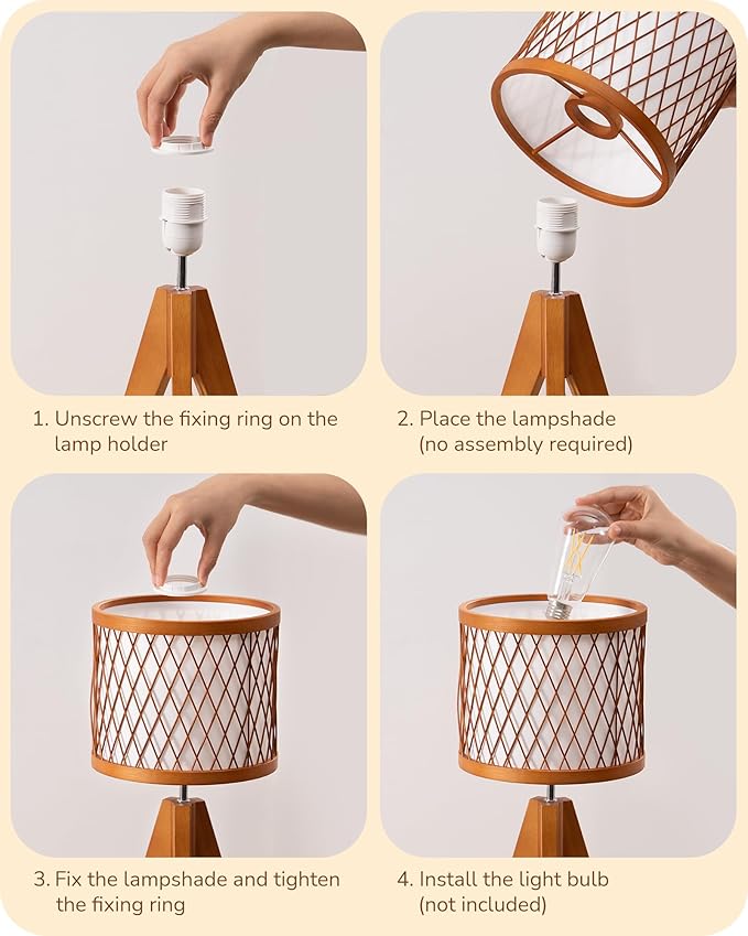 EDISHINE Small Table Lamp, 14.17" Wood Tripod Bedside Lamp with Bamboo Lampshade & PVC Shade, ON-Off Switch & E26 Base, Boho Nightstand Lamp for Living Room, Bedroom - Bloomnest