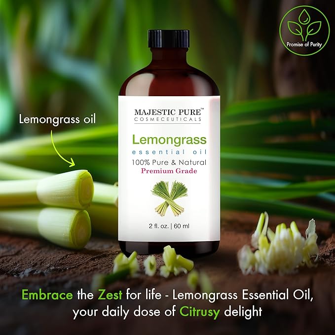 Majestic Pure Lemongrass Essential Oil with Glass Dropper - 2 Fl Oz - 100% Pure and Natural Lemongrass Oil - Premium Grade Essential Oils for Diffuser, Aromatherapy, Soap and Candle Making - Bloomnest