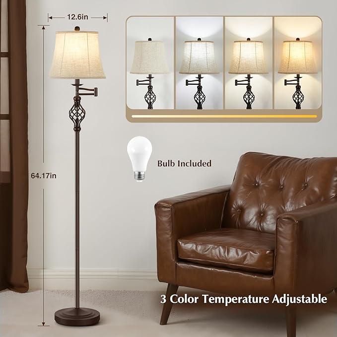 GyroVu 3 Color Temperature Floor lamp, Traditional 350° Adjustable Swing Arm Floor Lamp Vintage Pole lamp Farmhouse Lamp for Living Rooms, Rustic Standing Lamp for Bedroom Reading(Red Brown) - Bloomnest