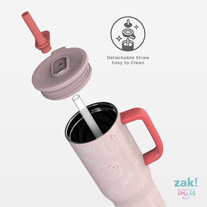 Zak Designs Sanrio Sutton Travel Tumbler for On the Go, 30oz Stainless Steel with Vacuum Insulation, Silicone Straw, and Carry Handle for Cold Drinks (Hello Kitty) - Bloomnest