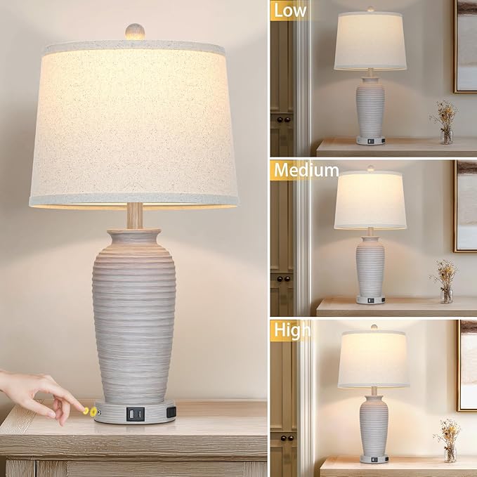 25" Vintage Farmhouse Jar Table Lamps, Single Rustic Bedside Lamp with USB A+C Ports & AC Outlet, Nightstand Lamps for Living Room, Bedroom, End Table, Grey White(LED Bulb Included) - Bloomnest