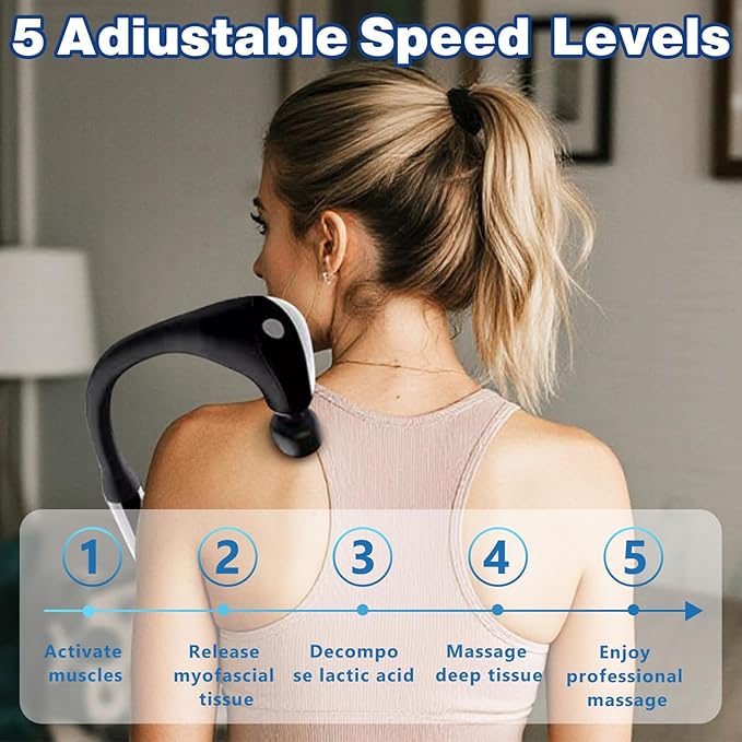 Deep Tissue Massage Gun with Extension Handle - 10mm Percussion Massager for Neck, Back & Shoulder Pain Relief, Handheld Portable Muscle Massager Gun for Athletes, 5 Speed & 4 Attachments - Bloomnest
