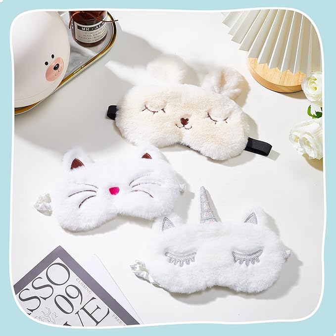 3 Pieces Sleep Mask for Kids, Girls Plush Sleeping Eye Cover Soft Eye Blindfold Cover Animal Shade for Kids(White,Bunny, Cat and Unicorn Style) - Bloomnest