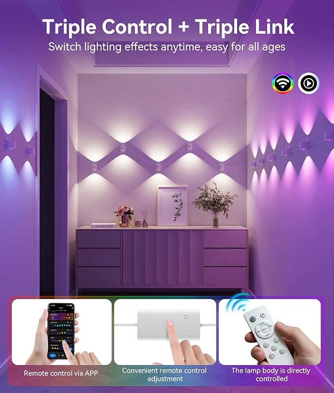 12 Lamp RGBCW Indoor Wall Lights, Up Down Lighting Bedroom Wall Sconces, Music Sync, DIY Styling White Color Changing Wall Lamps For Living room, Party, Home Decor, Compatible Alexa/Google Assistant - Bloomnest