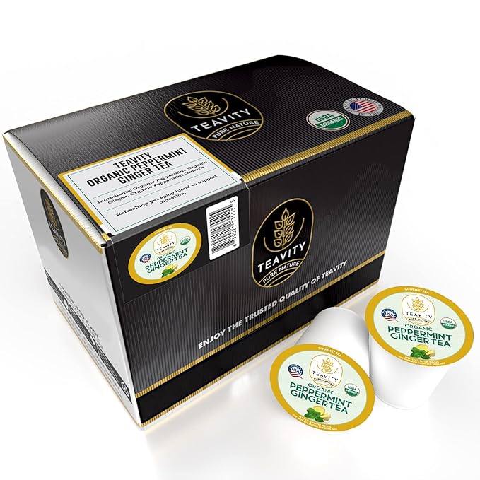 Organic Ginger Tea Pods for Keurig with Organic Peppermint Tea - Decaf Tea for K Cup Brewing Peppermint Ginger by Teavity (36 Tea Pods) - Bloomnest
