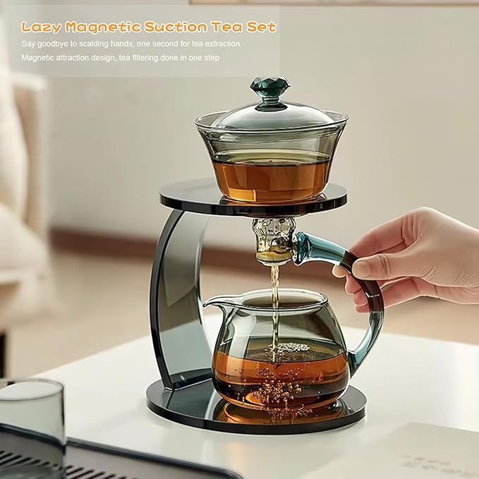 Magnetic Glass Tea Pot Semi Automatic lazy Kungfu Drip TeaPot Magnetic Rotation Heat Resistant Teapot Magnetic Attraction Water Rotating Cover Bowl Suitable for Home/Office Reception Tea Set - Bloomnest