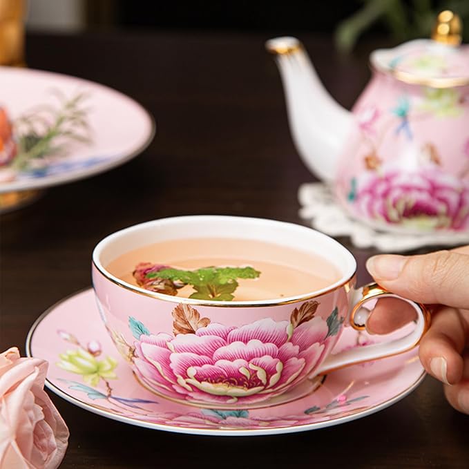 ACMLIFE Tea for One Teapot and Cup, Vintage Floral Porcelain Tea Set for One, Bone China Teapot with Cup Set, Tea Pot Gift for Women (Pink) - Bloomnest