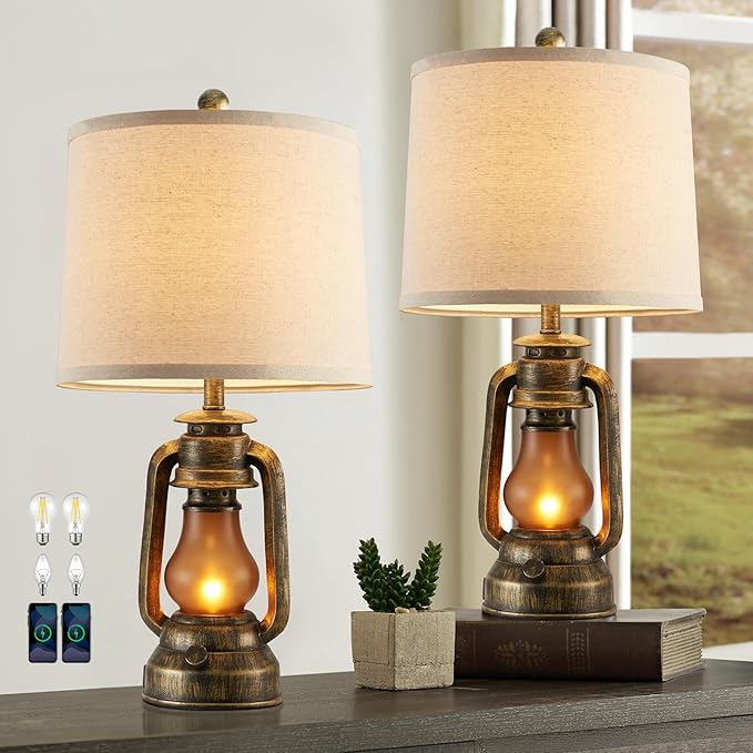 RORIANO Set of 2 Farmhouse Lantern Table Lamps for Living Room with 2 USB Charging Ports, Rustic Vintage Nightstand Lamps with Nightlight for Bedroom End Table Entryway, 4 Bulb Included - Bloomnest