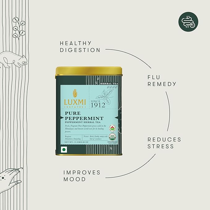Luxmi Estates Purely Peppermint 25gm Tin | USDA Certified Organic Herbal Tea | Mint Tea Best for Night Time - Bloomnest