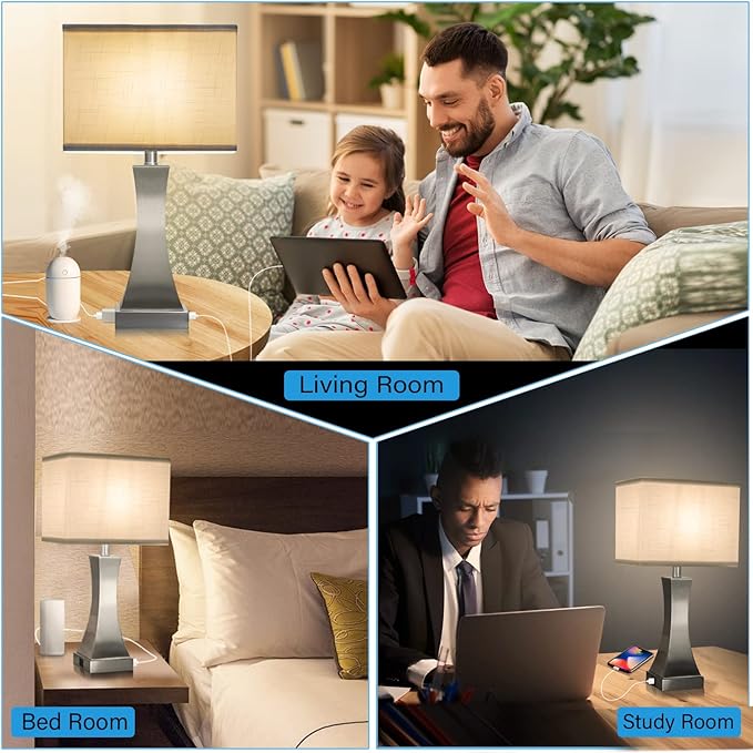 Table Lamp for Bedroom 3-Way Dimmable Touch Control Bedside Lamp with USB A+C Port & Outlet 21.6" Tall Nightstand Lamp for Living Room Bedroom Office and Hotel Bulb Included - Bloomnest