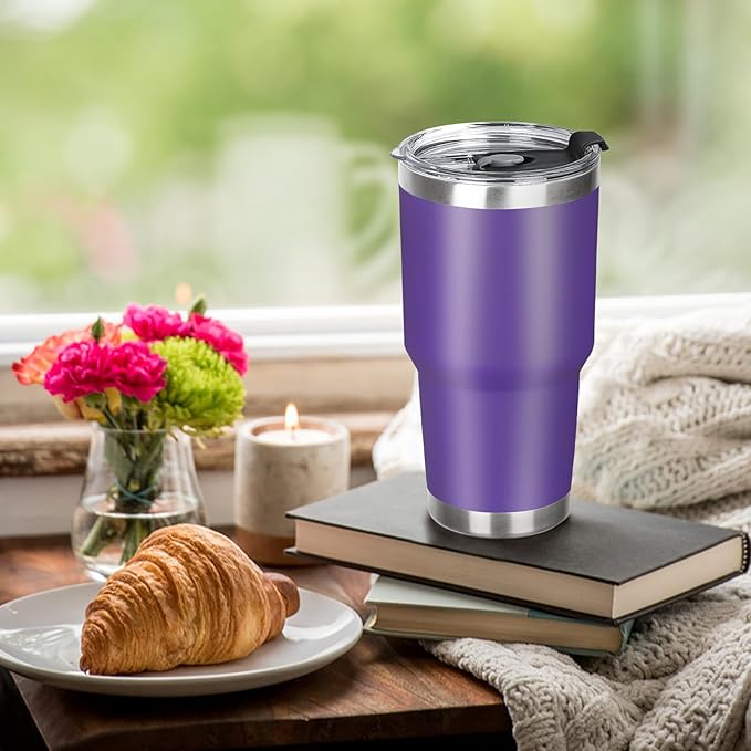 30 oz Tumbler with Lids and Straws Double Wall Vacuum Insulated Tumbler Cup,Stainless Steel Leak-proof Thermal Tumbler Powder Coated Travel Coffee Mug for Cold and Hot Drinks,Dark Purple - Bloomnest